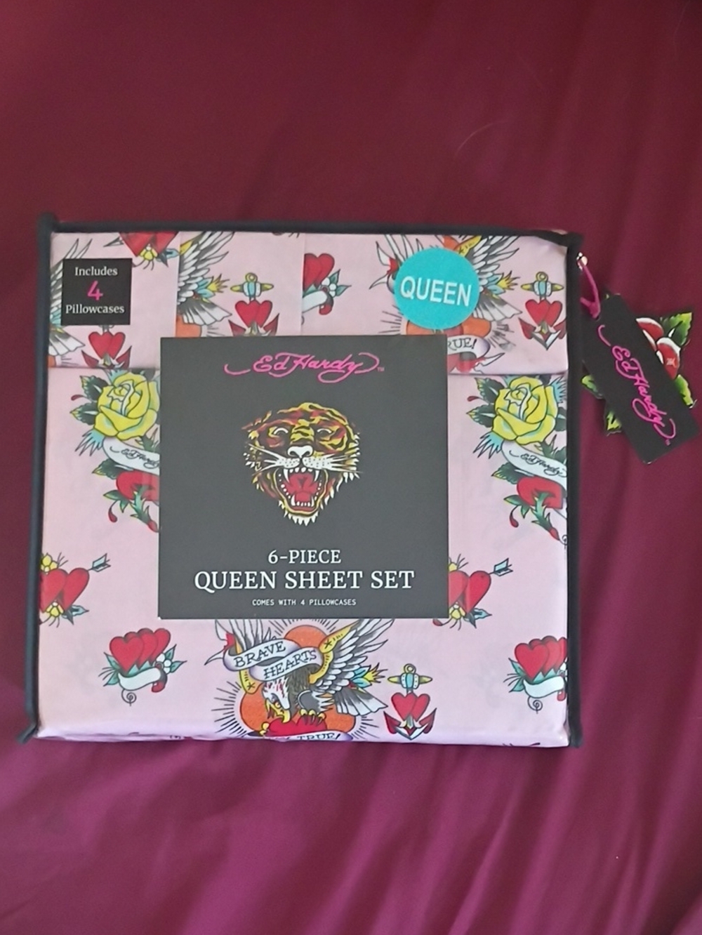 Ed Hardy Pink Tattoo Floral Queen Sheet Set